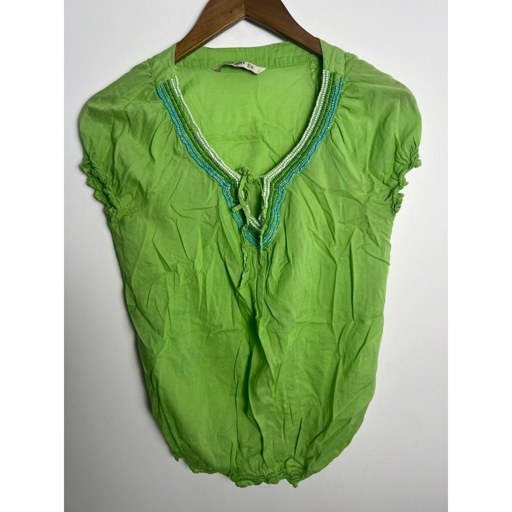 SM Old Navy Lime Green Beaded V-Neck Peasant Blouse Cap Sleeve Bubble Hem Y2K 00